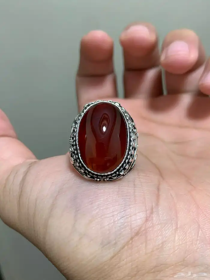 خاتم عقيق يمني طبيعي كبدي صياغة جحوش اليدوية الاصلية 17 0
