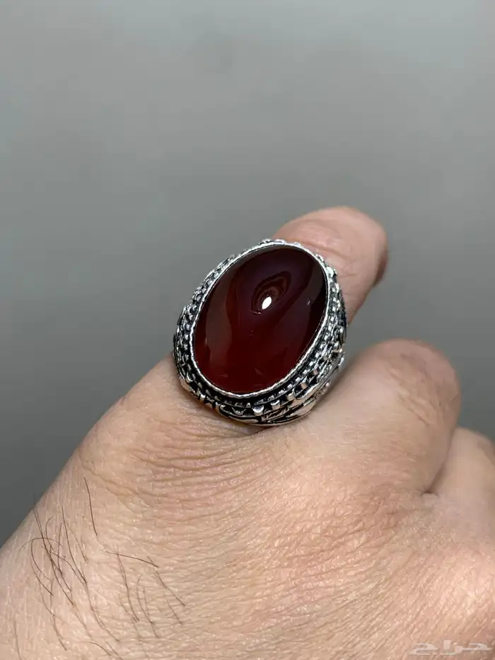 خاتم عقيق يمني طبيعي كبدي صياغة جحوش اليدوية الاصلية 17 9