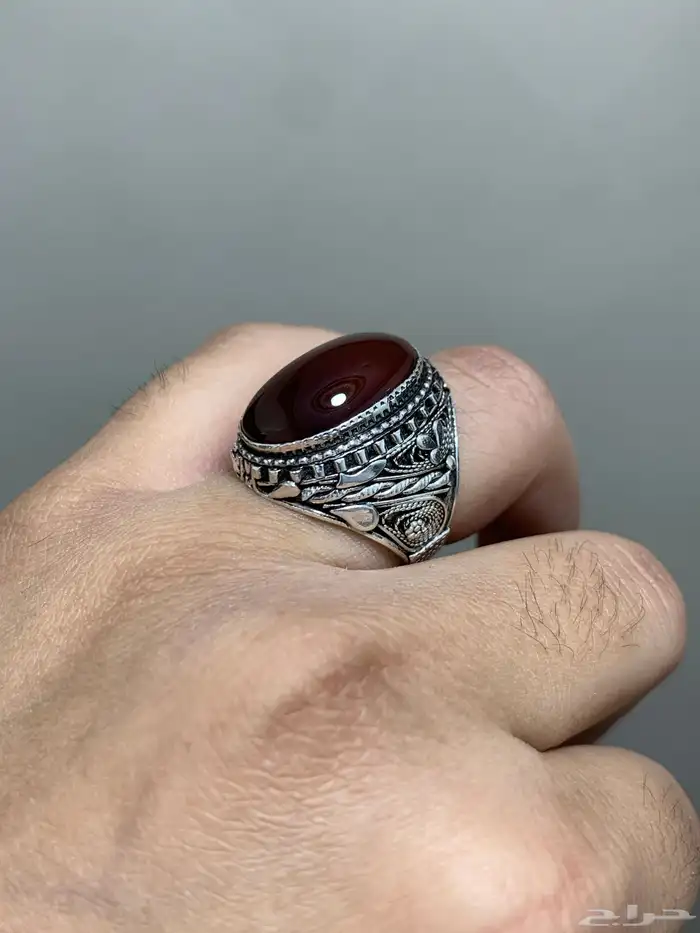 خاتم عقيق يمني طبيعي كبدي صياغة جحوش اليدوية الاصلية 17 8