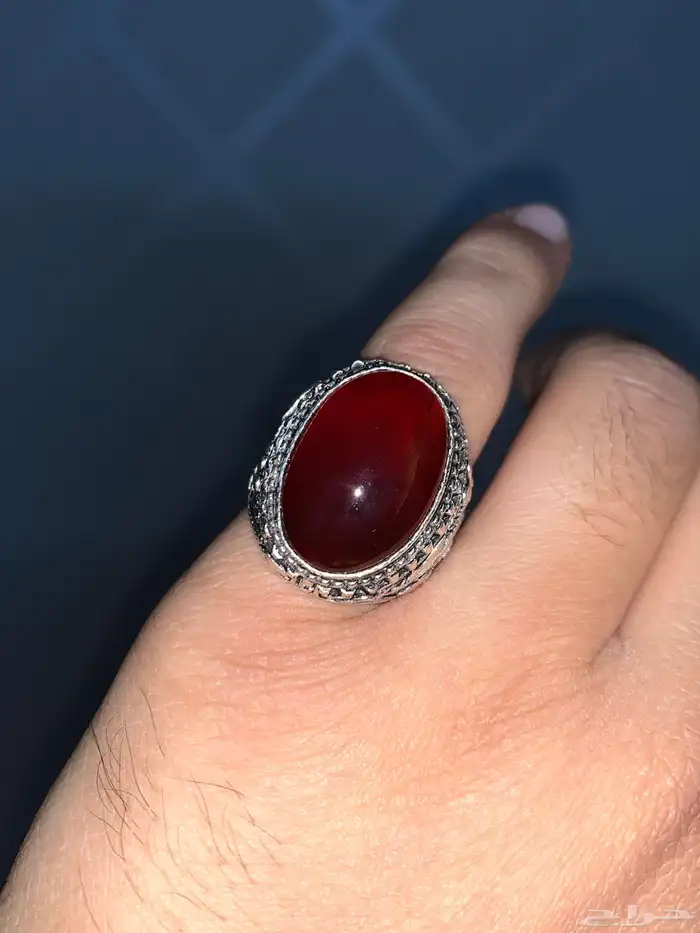 خاتم عقيق يمني طبيعي كبدي صياغة جحوش اليدوية الاصلية 17 12