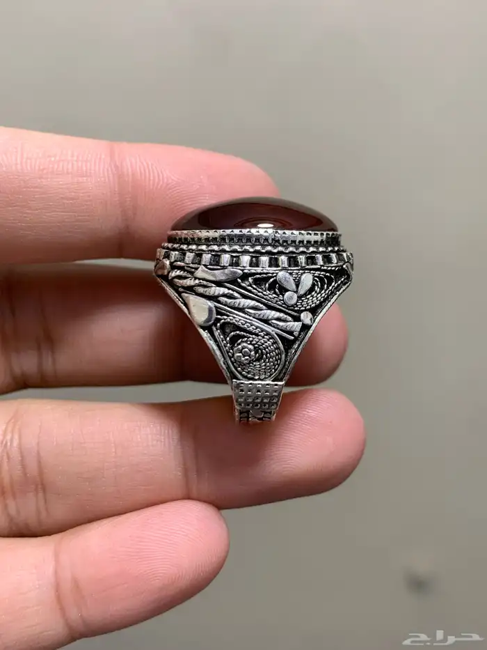 خاتم عقيق يمني طبيعي كبدي صياغة جحوش اليدوية الاصلية 17 3