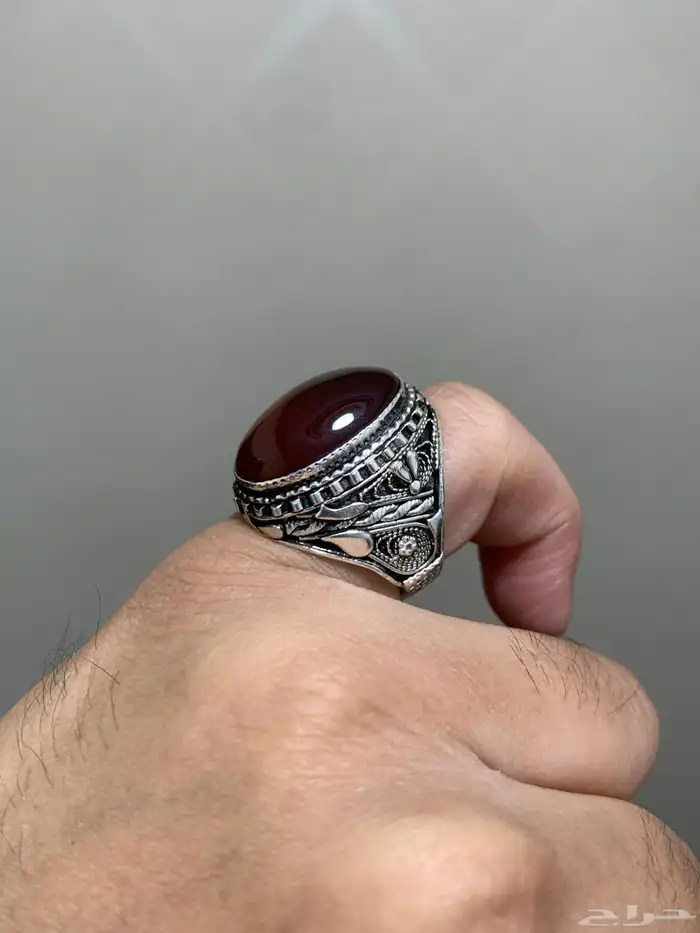 خاتم عقيق يمني طبيعي كبدي صياغة جحوش اليدوية الاصلية 17 10