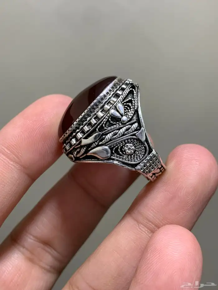 خاتم عقيق يمني طبيعي كبدي صياغة جحوش اليدوية الاصلية 17 4