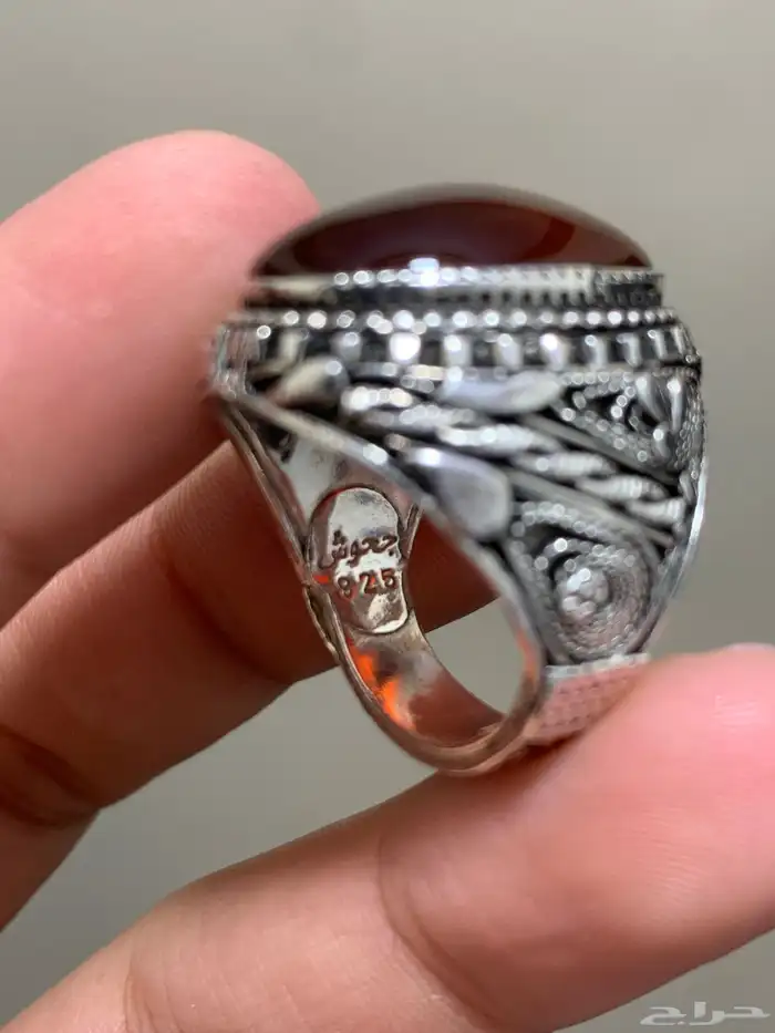 خاتم عقيق يمني طبيعي كبدي صياغة جحوش اليدوية الاصلية 17 7