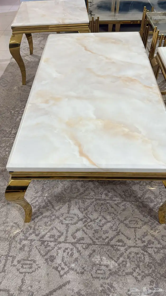 3 قطع طاولة رخام ثقيل ورجل استيل ذهبي 2