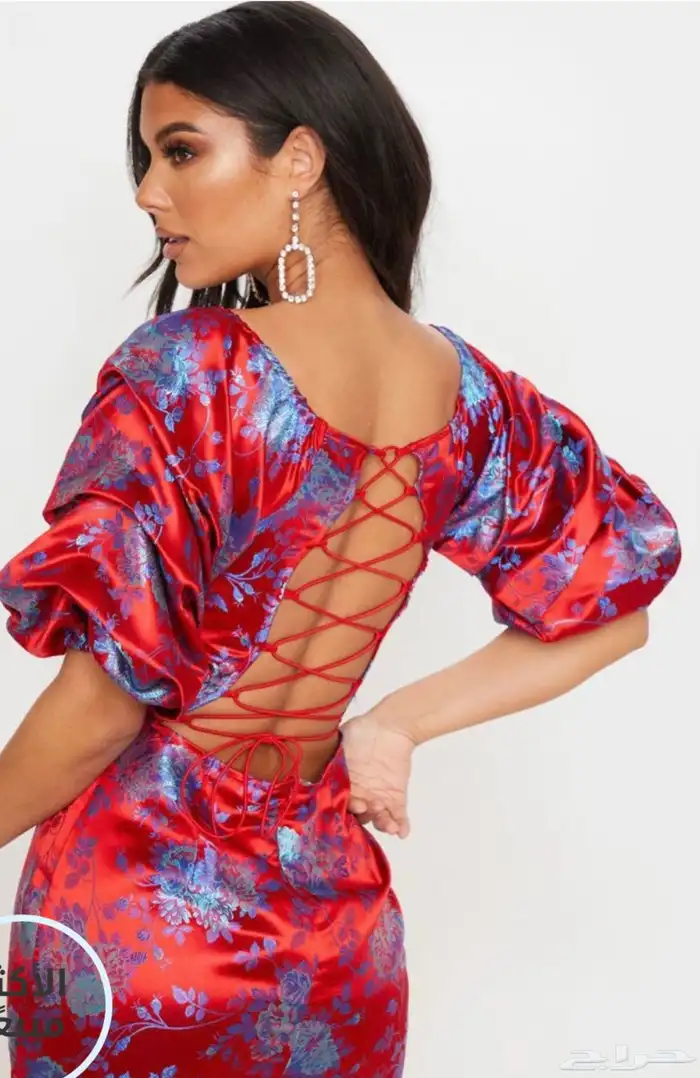 فستان ميدي ساتان احمر فاخر - اكمام بف وظهر كورسيه برباط 2