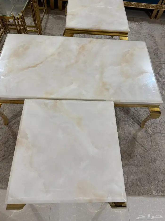 3 قطع طاولة رخام ثقيل ورجل استيل ذهبي 0
