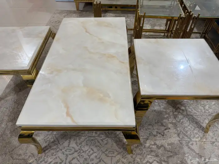 3 قطع طاولة رخام ثقيل ورجل استيل ذهبي 1