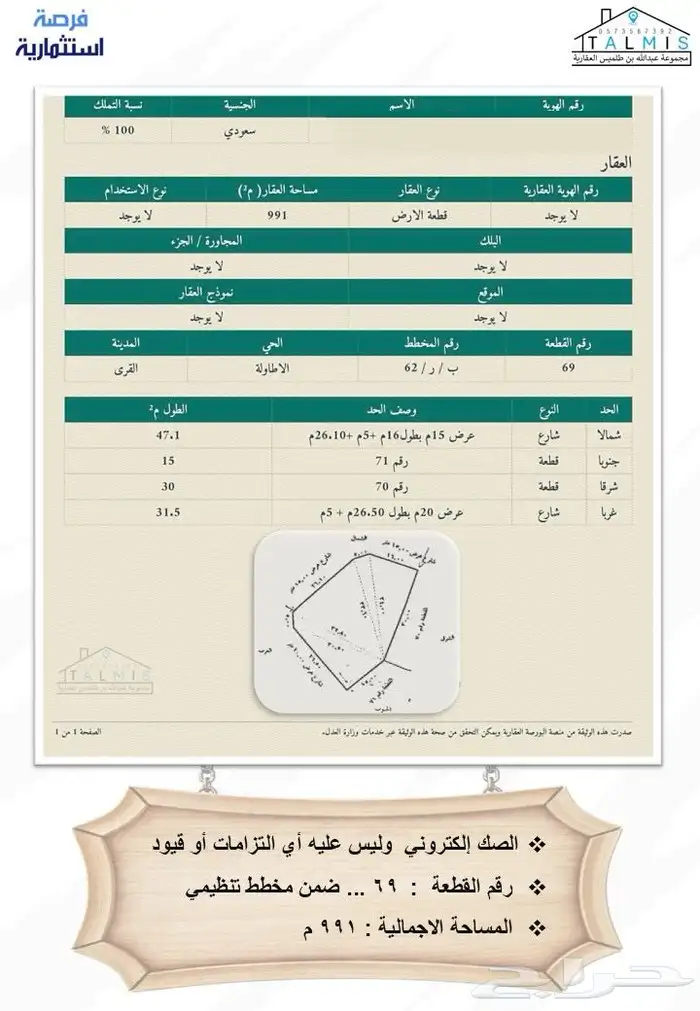 ارض للبيع في الباحة   الاطاولة على ثلاث شوارع مساحة 991 م 2