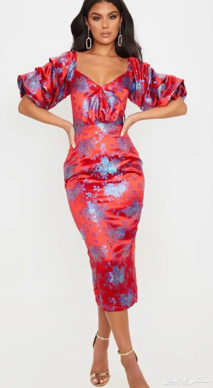 فستان ميدي ساتان احمر فاخر - اكمام بف وظهر كورسيه برباط 0