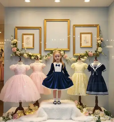 فستان مخمل أزرق بتصميم ملكي لبناتك الصغيرات 0