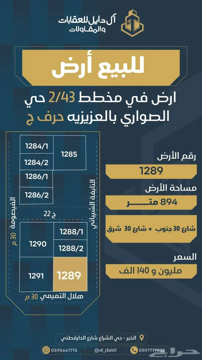 للبيع ارض كامله في حي المها طريق الخالديه 528 م 0