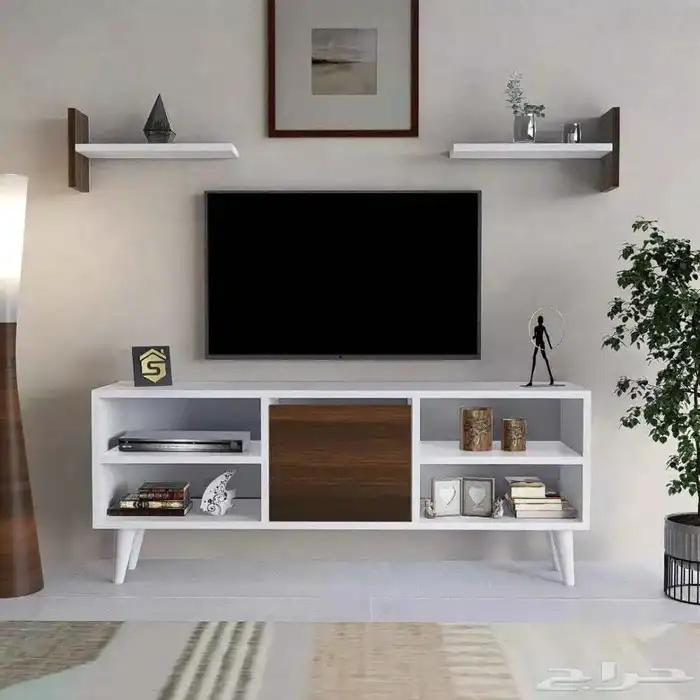 طاولة شاشة بأرفف لون ابيض مع بني 4