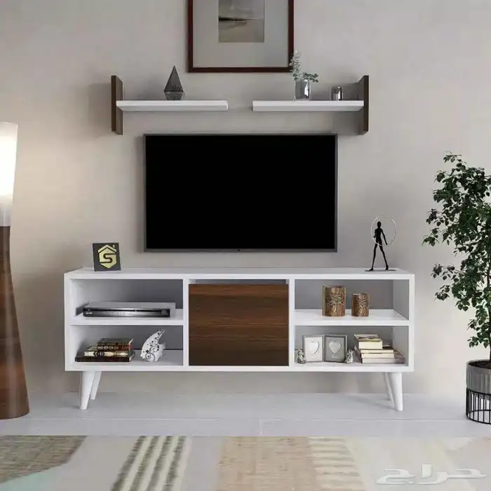 طاولة شاشة بأرفف لون ابيض مع بني 1