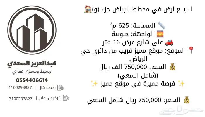 ارض مساحة (625م) في حي الرياض 1