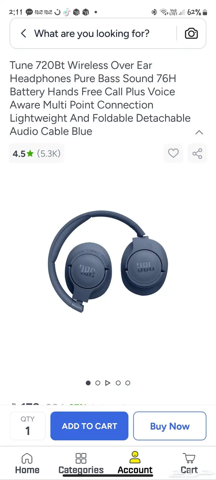 For Sale  JBL Tune 720BT   Pure Bass  76H Battery   Cond 4