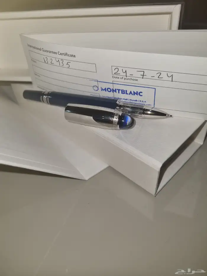 قلم مونت بلانك أزرق أصلي جديد بالعلبة ودفتر الضمان MONTBLANK 4