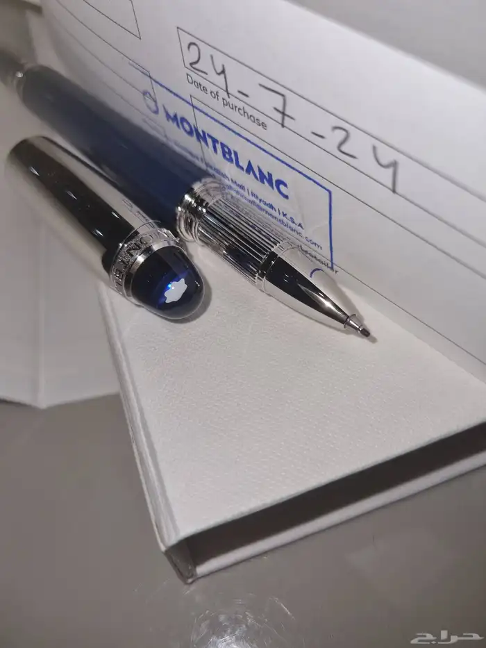 قلم مونت بلانك أزرق أصلي جديد بالعلبة ودفتر الضمان MONTBLANK 3