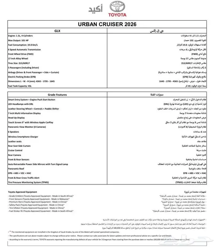 اوربان كروزر جي ال اكس بانوراما URBAN CRUISER GLX 2026 9