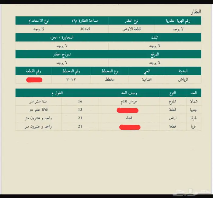 ارض بصك مساحة 304م معها تصريح بناء تسوير حي الغناميه الرياض 0
