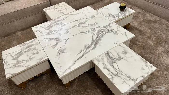 طقم طاولات قهوة متداخلة (5 قطع) بتصميم رخامي فخم 0