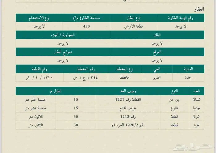 ارض سكنيه جوهره العروس 1 مطلوب 450 الف صافي 1