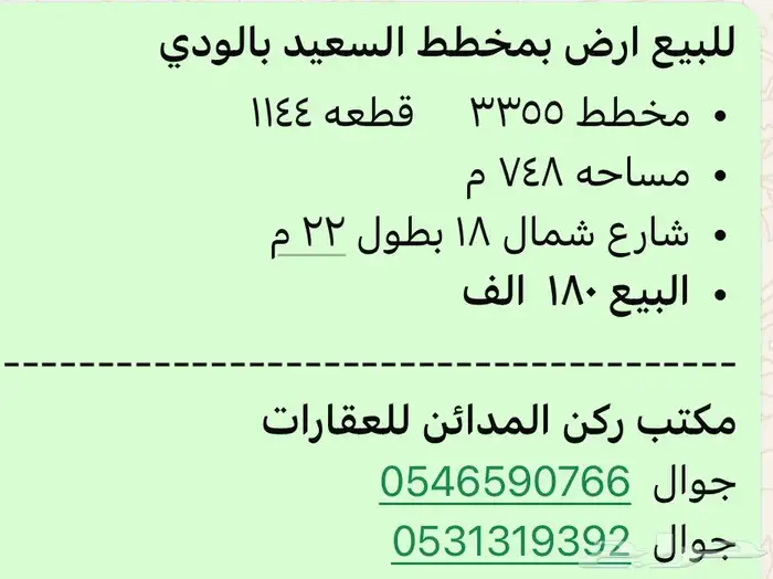 للبيع ارض مخطط السعيد حد 180الف 0