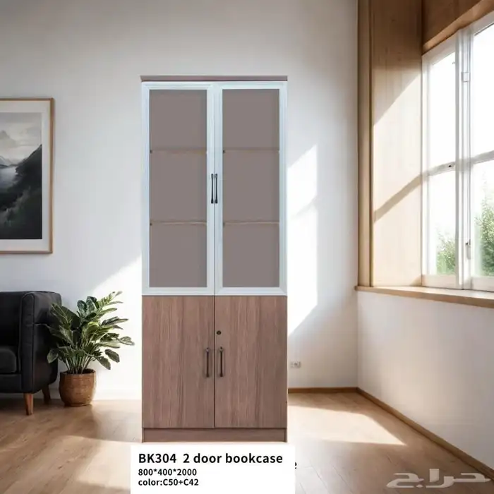 خزانة تخزين مكتبية خشبية مع أبواب زجاجية وقفل 7