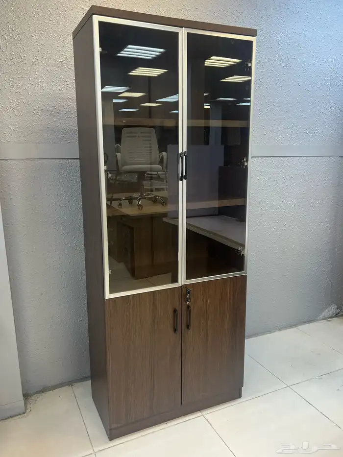 خزانة تخزين مكتبية خشبية مع أبواب زجاجية وقفل 23