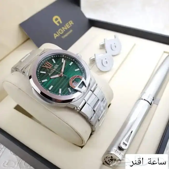 طقم هدايا رجالي من ماركة أقنر يتكون من ساعة يد فضية اللون وق 3