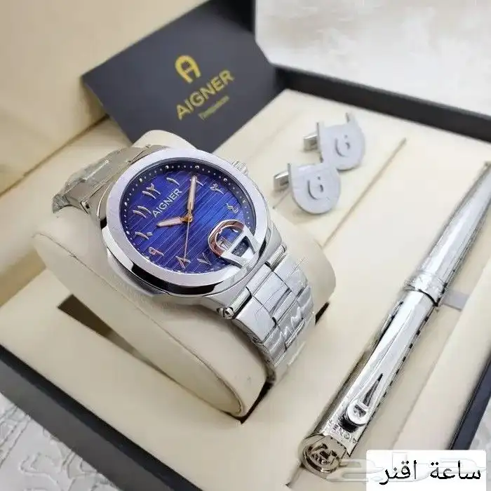 طقم هدايا رجالي من ماركة أقنر يتكون من ساعة يد فضية اللون وق 0
