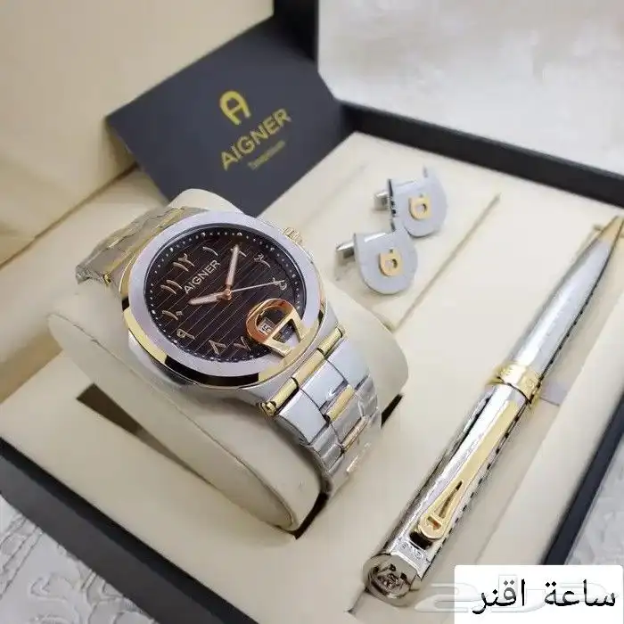 طقم هدايا رجالي من ماركة أقنر يتكون من ساعة يد فضية اللون وق 6