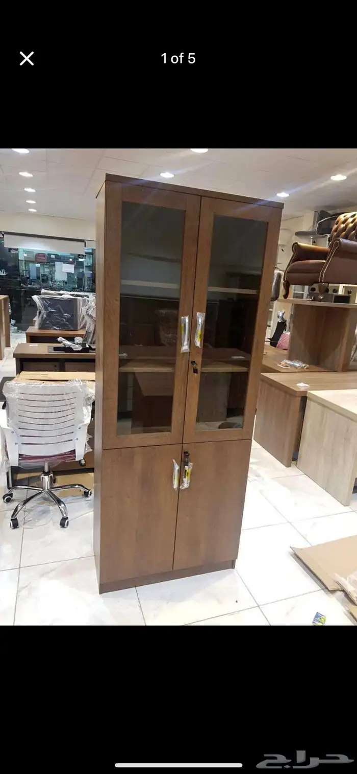 خزانة تخزين مكتبية خشبية مع أبواب زجاجية وقفل 14
