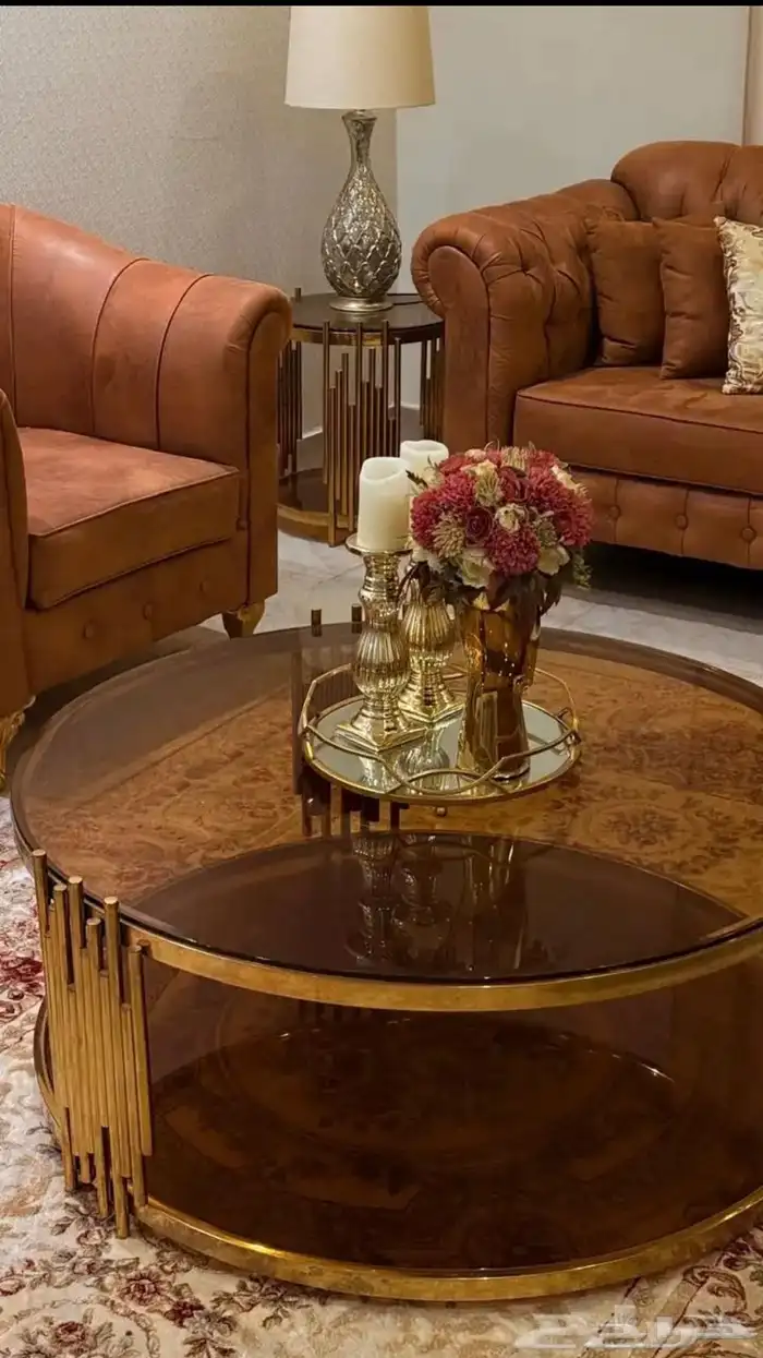 طقم طاولات جديد ذهبي مع زجاج بني 0