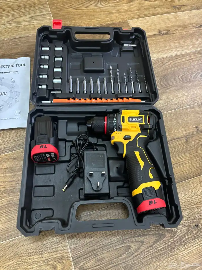 دريل بطاريتين مع عده متكامله وريش راس حديد 3