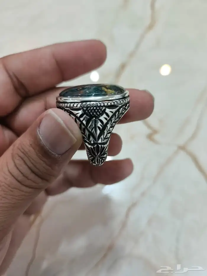 خاتم فضة عقيق يماني طحلبي صياغة عارف 2