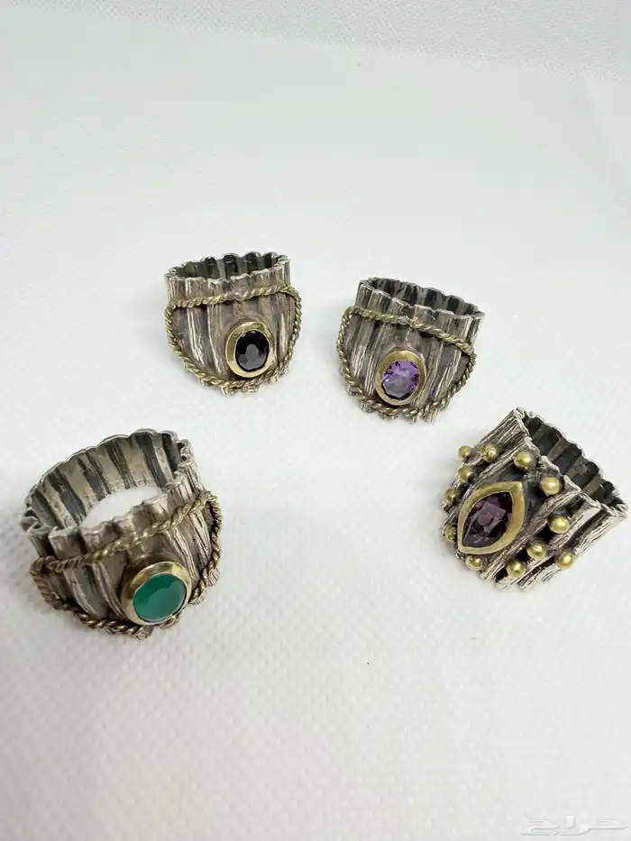 خواتم فضية بشكل جذع شجرة متوجة بفصوص ملونة 7