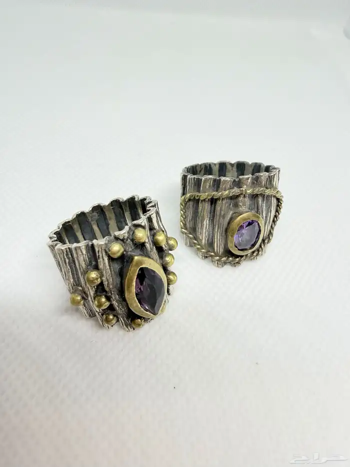 خواتم فضية بشكل جذع شجرة متوجة بفصوص ملونة 6