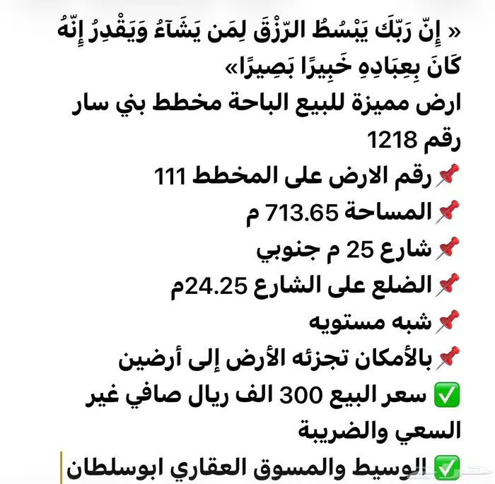 ارض سكنية مميزة للبيع. الباحة. مخطط بني سار 1218 6