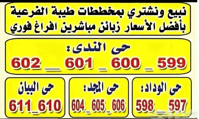 للبيع اراضي مميزة في مخططات طيبه الفرعية حي الندى شارعين 0