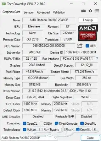 كرت شاشه RX 580 8GB 5