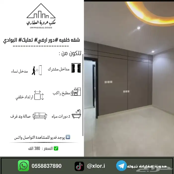 للبيع شقه تمليك دور ارضي خلفي حي البوادي ب 380 الف تبوك 0