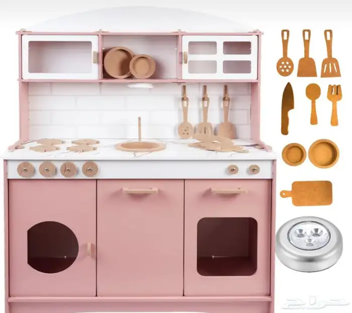 مطبخ أطفال خشبي باللون الوردي 0