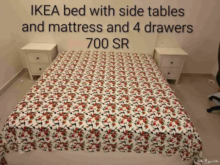 IKEA bed with side tables and mattress and 4 drawers 0