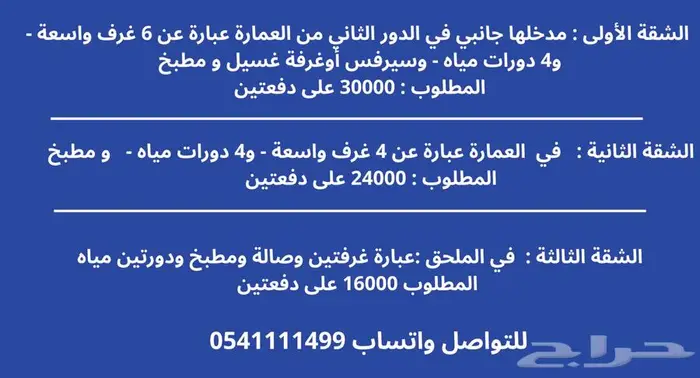 فيلا وثلاث شقق جديدة للإيجار في العمرة باشراحيل 1