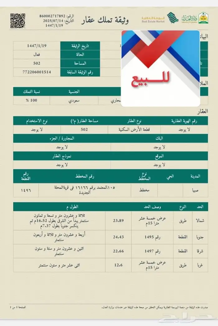 ارض للبيع المحله الجديده صبيا 1