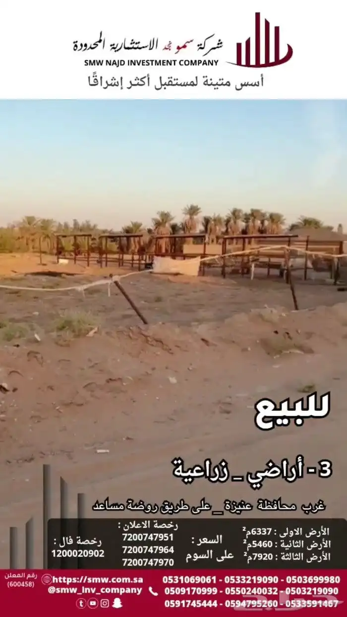 للبيع 3 أراضي زراعية على طريق روضة مساعد 2