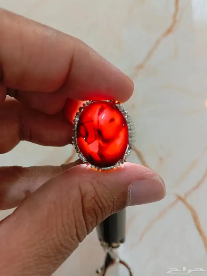 خاتم فضة عقيق يماني كرزي مزعفر 3