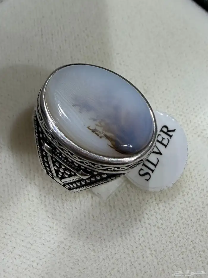 خاتم فضه عيار 925 بحجر عقيق ابيض مصور 0