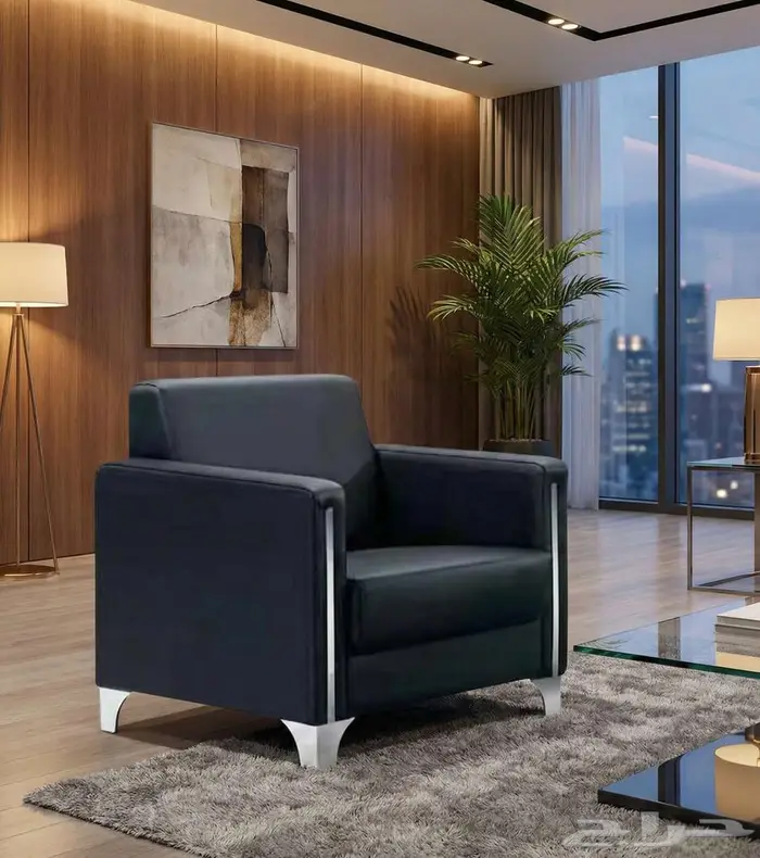 كنب جلد أسود فخم للمكاتب والاستقبال 2